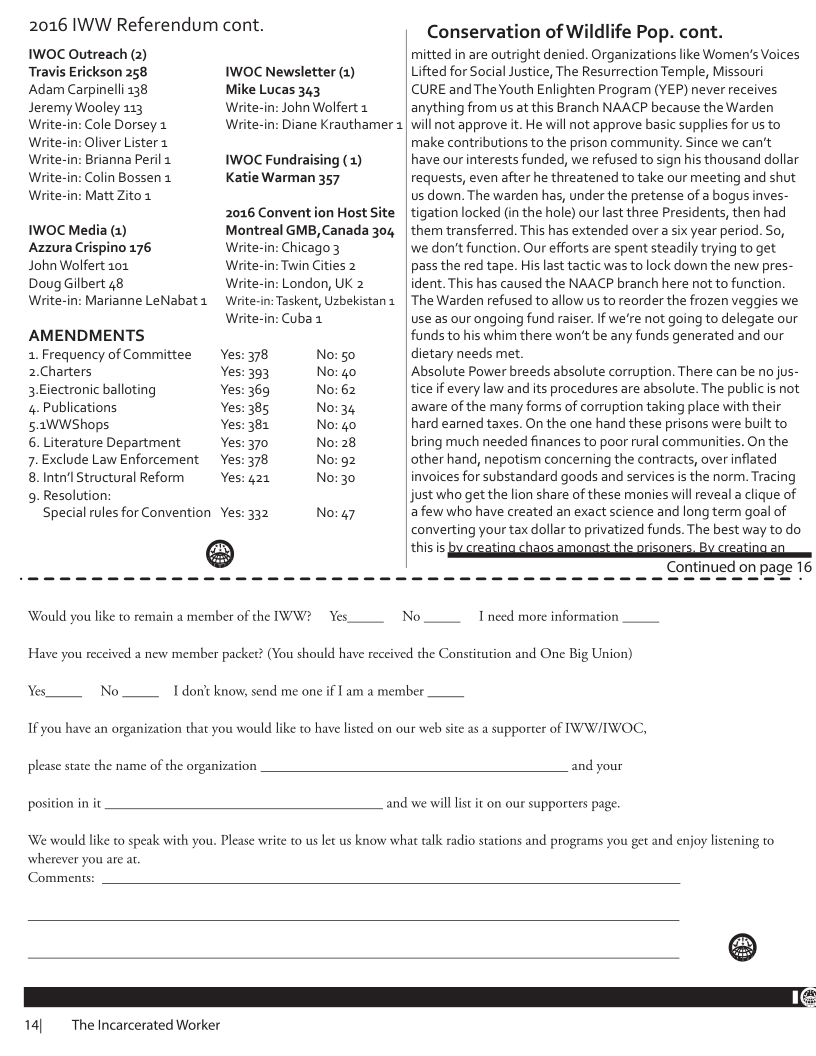 2016 IWW Referendum cont.  Conservation of Wildlife Pop. cont. IWOC Outreach (2) mitted in are outright denied. Organizations like Women’s Voices Travis Erickson 258 IWOC Newsletter (1) Lifted for Social Justice, The Resurrection Temple, Missouri Adam Carpinelli 138 e Lucas 343 CURE and The Youth Enlighten Program (YEP) never receives. Jeremy Wooley 113 Write-in: John Wolfert 1 anything from us at this Branch NAACP because the Warden Write-in: Cole Dorsey 1 Write-in: Diane Krauthamer 1 | will not approve it. He will not approve basic supplies for us to Write-in: Oliver Lister 1 make contributions to the prison community. Since we can’t Write-in: Brianna Peril 1 IWOC Fundraising (1) have our interests funded, we refused to sign his thousand dollar Write-in: Colin Bossen 1. Katie Warman 357 requests, even after he threatened to take our meeting and shut Write-in: Matt Zito 1 us down. The warden has, under the pretense of a bogus inves- 2016 Convent ion Host Site | tigation locked (in the hole) our last three Presidents, then had IWOC Media (1) Montreal GMB, Canada 304 | them transferred. This has extended over a six year period. So, Azzura Crispino 176 Write-in: Chicago 3 we don’t function. Our efforts are spent steadily trying to get John Wolfert 101 Write-in: Twin Cities 2 pass the red tape. His last tactic was to lock down the new pres- Doug Gilbert 48 Write-in: London, UK 2 ident. This has caused the NAACP branch here not to function. Write-in: Marianne LeNabat1  Write-in: Taskent, Uzbekistan1 | The Warden refused to allow us to reorder the frozen veggies we Write-in: Cuba 1 use as our ongoing fund raiser. If we’re not going to delegate our AMENDMENTS funds to his whim there won’t be any funds generated and our 1. Frequency of Committee  Yes: 378 No: 50 dietary needs met. 2.Charters Yes: 393 No: 40 Absolute Power breeds absolute corruption. There can be no jus- 3.Eiectronic balloting Yes: 369 No: 62 tice if every law and its procedures are absolute. The public is not 4 Publications Yes: 385 No:34 aware of the many forms of corruption taking place with their 5.1WWShops Yes: 381 No: 40 hard earned taxes. On the one hand these prisons were built to 6. Literature Department Yes: 370 No: 28 bring much needed finances to poor rural communities. On the 7. Exclude Law Enforcement ~ Yes: 378 No: g2 other hand, nepotism concerning the contracts, over inflated 8. Intn’l Structural Reform Yes: 421 No: 30 invoices for substandard goods and services is the norm. Tracing 9. Resolution: just who get the lion share of these monies will reveal a clique of Special rules for Convention Yes: 332 No: 47 afew who have created an exact science and long term goal of converting your tax dollar to privatized funds. The best way to do ® 1S 1 e B LS  Continued on page 16  Would you like to remain a member of the TWW?  Yes No T need more information Have you received a new member packet? (You should have received the Constitution and One Big Union)  Y  . No____Idontknow send me one if I am a member  1 you have an organization that you would like to have lsted on our web sie as a supporter of INW/IWOC,  please state the name of the organization and your  posicion in it and we willlist it on our supporers page.  W would like to speak with you. Please write to us let us know what talk radio staions and programs you get and enjoy listening to wherever you are at. ‘Comments:  14| The Incarcerated Worker 